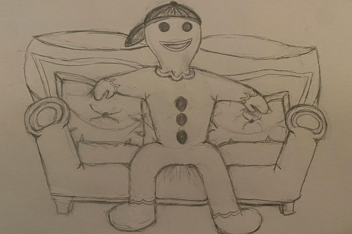 Hand-drawn illustration of a gingerbread man sitting on a couch.