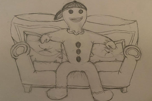 Hand-drawn illustration of a gingerbread man sitting on a couch.