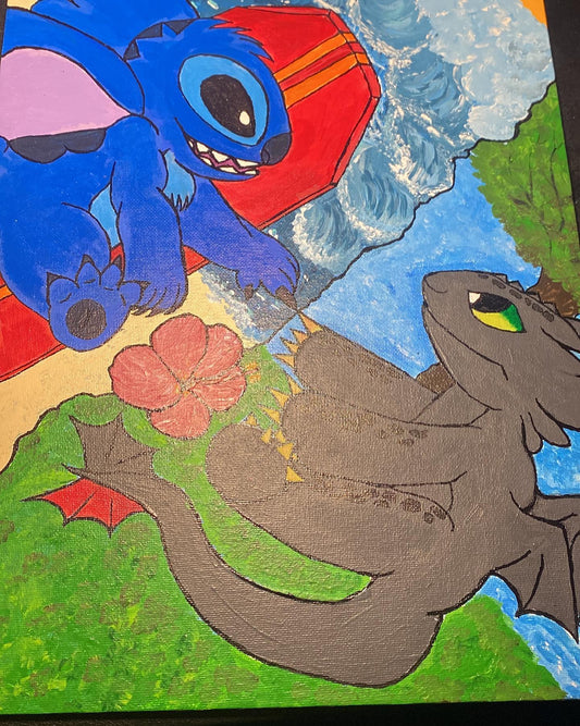 11 X 14 - Inspired Stitch and Toothless