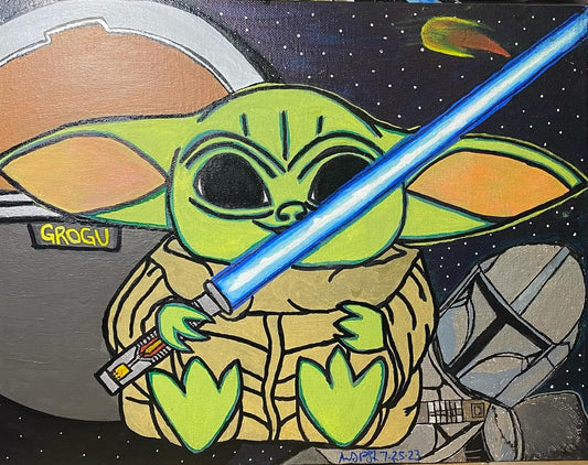 11 x 14 - Original - Inspired Grogu his Saber and The Mandalorian